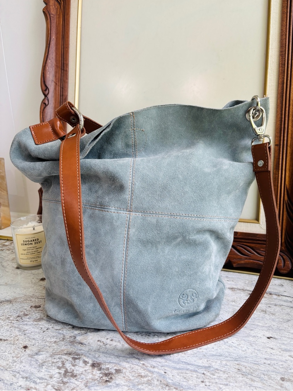 Spain Blue Suede Bucket Shoulder Bag Hobo Boho Coastal Cowgirl